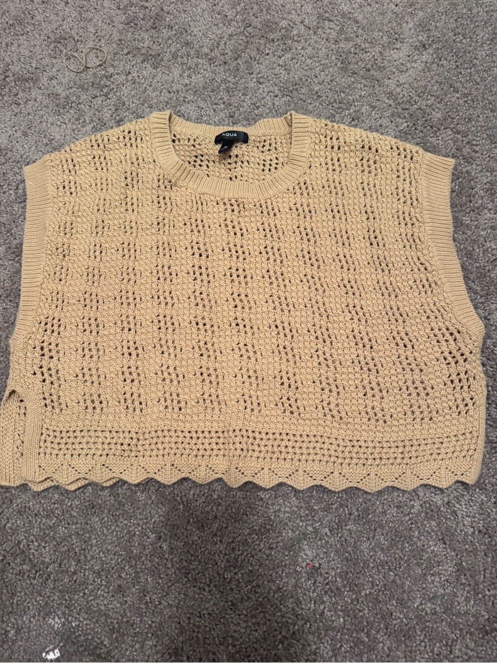 Aqua Crochet Knit Sleeveless Scoop Neck Sweater in Tan